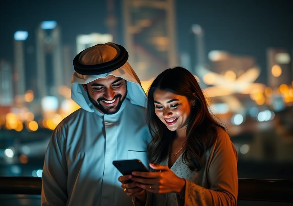 UAE residents using a smartphone with the Dubai skyline behind them