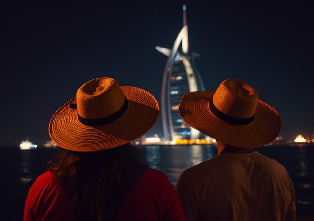 Tourists looking at the Burj Al Arab in Dubai at night