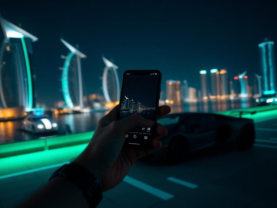 Booking on a phone with a luxury car and the Dubai skyline at night