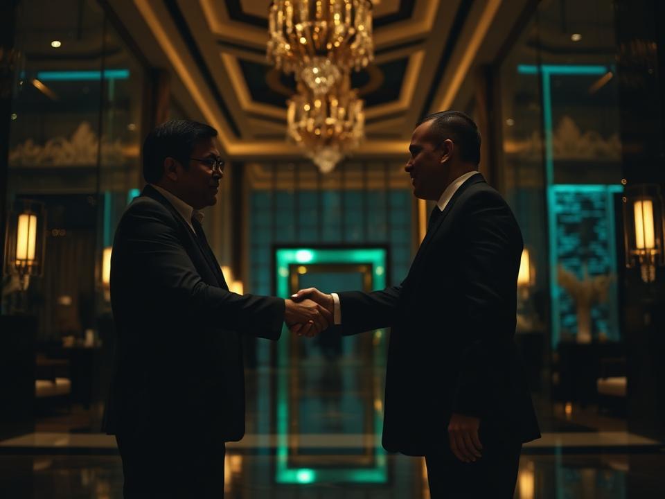 Two business partners shaking hands in a luxury Dubai hotel lobby