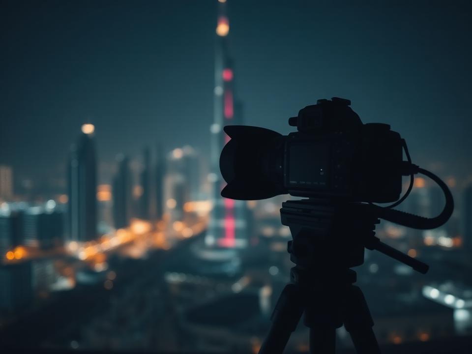 Press camera on a tripod overlooking the Dubai skyline at night